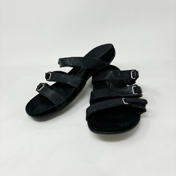 VIONIC Women’s Black Snake Skin AUBREY 3 Strap Sandals Orthoheel Technology Sz 9 - Picture 1 of 11